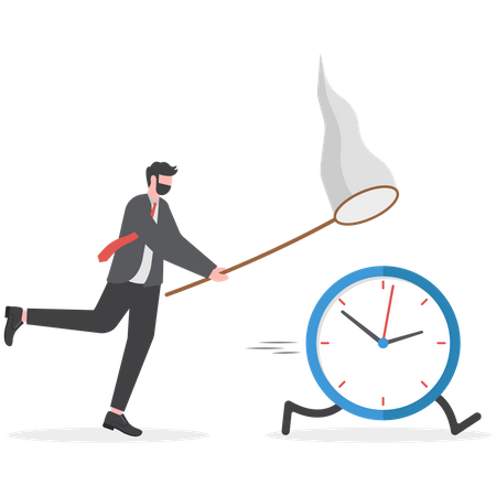 Frustrated businessman hurry chasing to catch flying away alarm clock and stop watch  Illustration