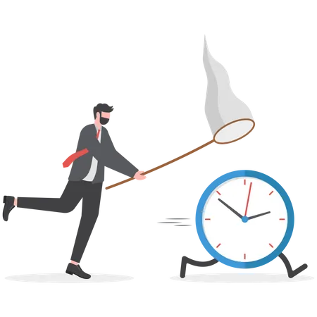 Frustrated businessman hurry chasing to catch flying away alarm clock and stop watch  Illustration