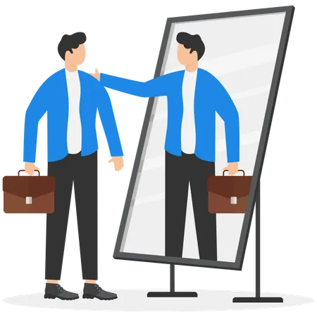 Frustrated businessman looking at mirror with his shadow encourages his confidence  Illustration