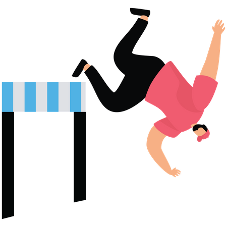 Frustrated businessman loser fail to jump over hurdles and falling to the ground  Illustration