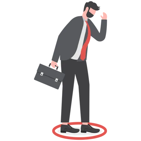 Frustrated businessman standing uncomfortably in small red circle  Illustration