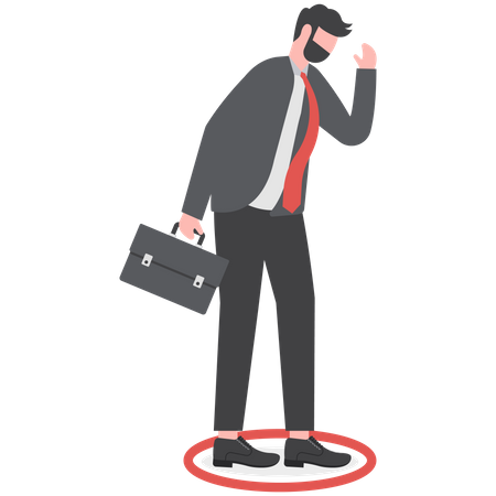 Frustrated businessman standing uncomfortably in small red circle  Illustration