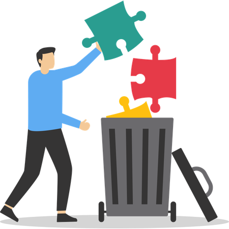 Frustrated businessman throw jigsaw puzzle elements into waste basket  Illustration