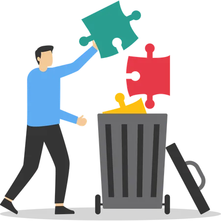 Frustrated businessman throw jigsaw puzzle elements into waste basket  Illustration