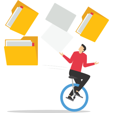 Frustrated businessman with bicycle running away from collapsing stack of files folders  Illustration