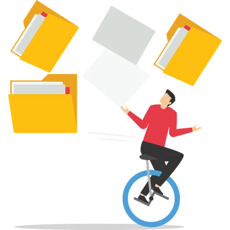 Frustrated businessman with bicycle running away from collapsing stack of files folders  Illustration