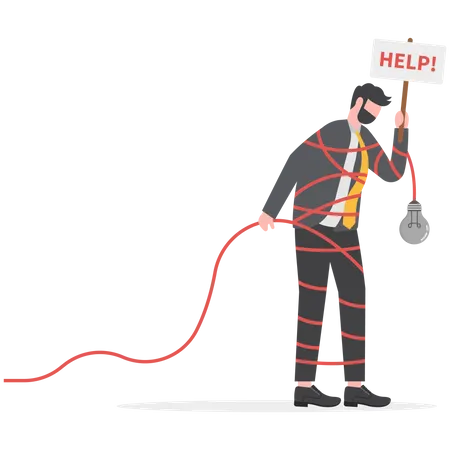 Need Help And Support To Solve Problem Desperate Or Burnout From Overworked Request Or Ask For Help Concept Frustrated Businessman With Messy Line On Himself Holding Help Placard With Hopelessness Illustration