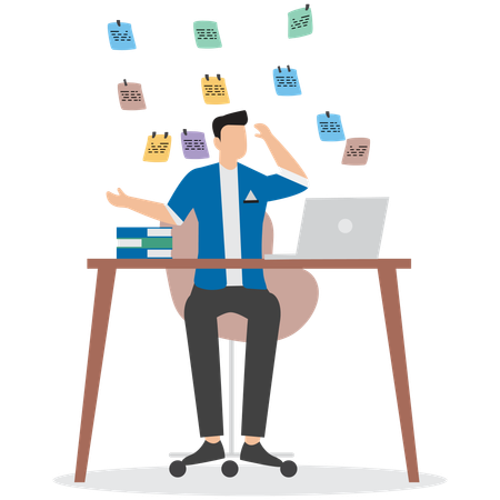 Frustrated businessman working with chaotic sticky notes  Illustration