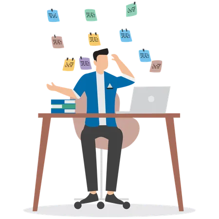 Frustrated businessman working with chaotic sticky notes  Illustration