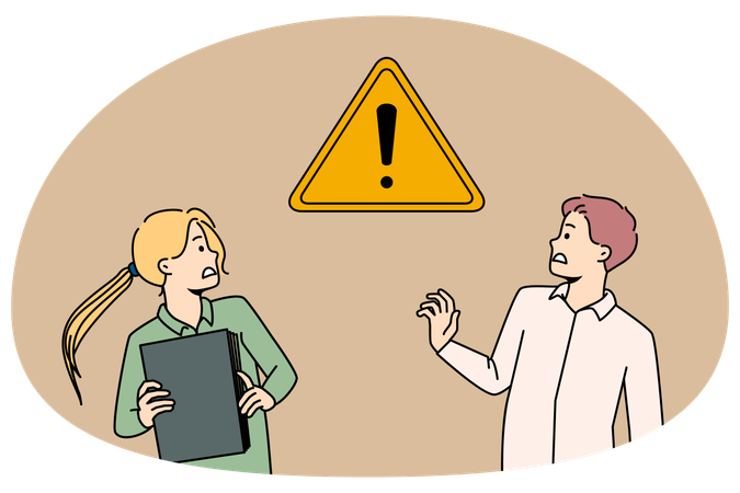 Frustrated businesspeople scared of warning sign  Illustration