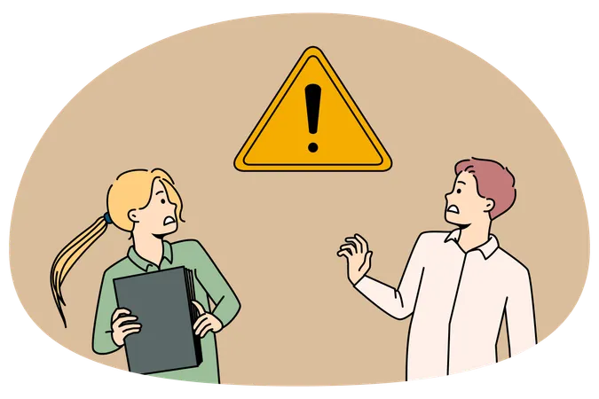 Frustrated businesspeople scared of warning sign  Illustration