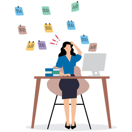 Frustrated businesswoman working with chaotic sticky notes  Illustration