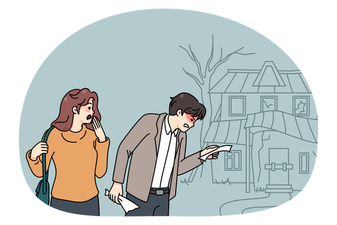 Frustrated couple shocked by old house price  Illustration