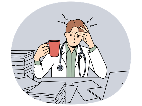 Frustrated doctor with cup of coffee sits at table with pile of papers and needs help of assistant  Illustration