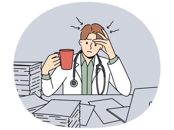 Frustrated doctor with cup of coffee sits at table with pile of papers and needs help of assistant  Illustration