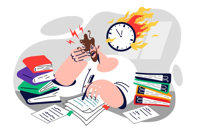 Man Office Clerk Cannot Cope With Deadlines Sitting At Table Littered With Papers Near Burning Clock Concept Productivity Problems Causing Deadlines To Be Missed And Need For Time Management Illustration