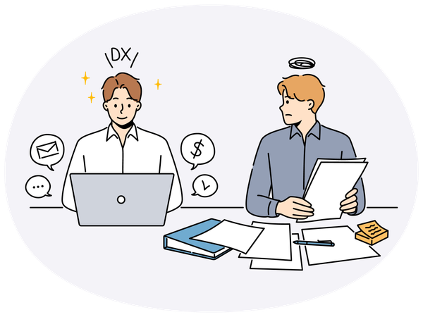 Frustrated employee look at efficient colleague  Illustration