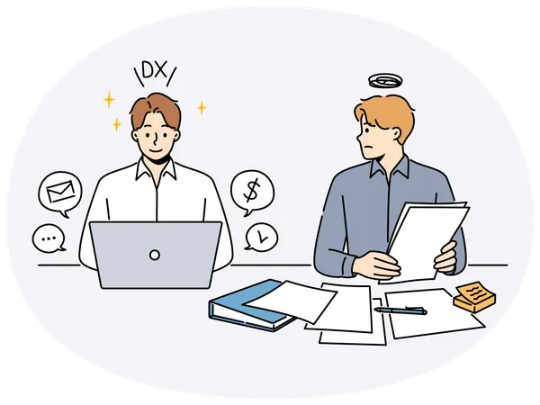 Frustrated employee look at efficient colleague  Illustration