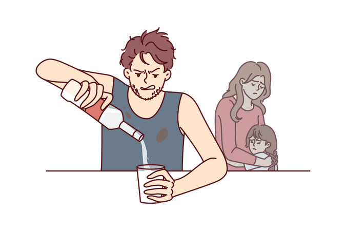 Frustrated father sitting at table drinking vodka and ignoring upset wife and little daughter  Illustration