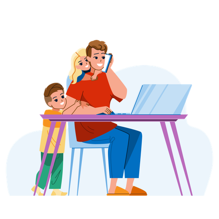 Frustrated father working on laptop  イラスト