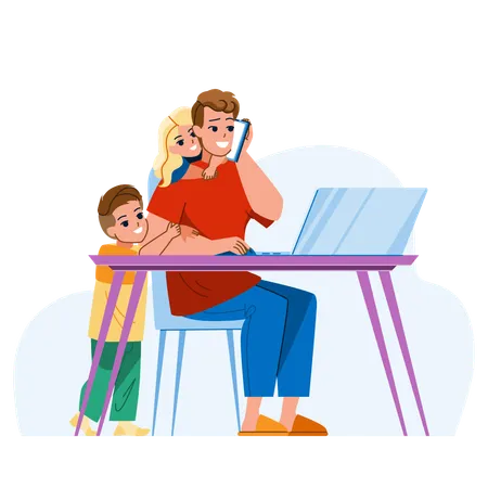 Frustrated father working on laptop  Illustration