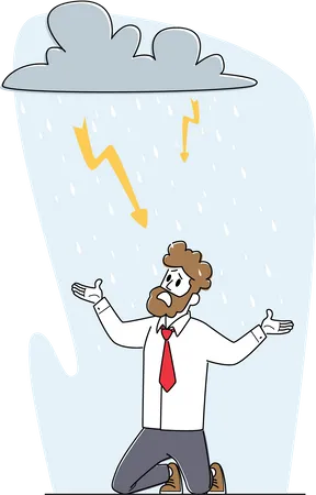 Crisis Professional Problems Concept Frustrated Business Man Kneel Suffer Under Rainy Cloud With Sparkling Flashlights Above Head Sad Or Desperate Businessman Character Linear Vector Illustration Illustration