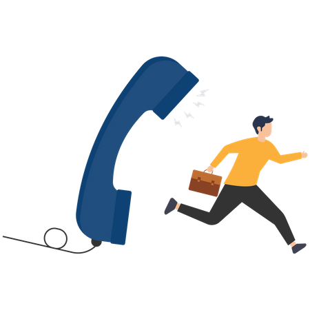Frustrated male employee runs away from handset  Illustration
