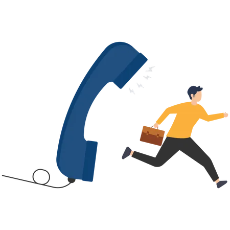 Frustrated male employee runs away from handset  Illustration