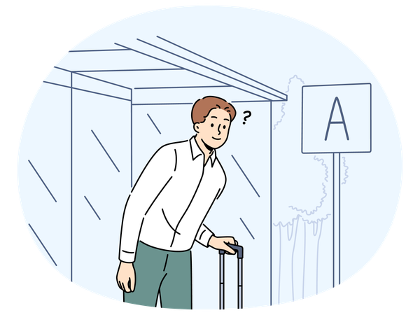 Frustrated male traveler wait on bus stop  Illustration