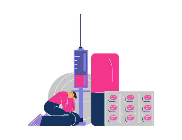 Frustrated man addicted to drugs and medication  Illustration