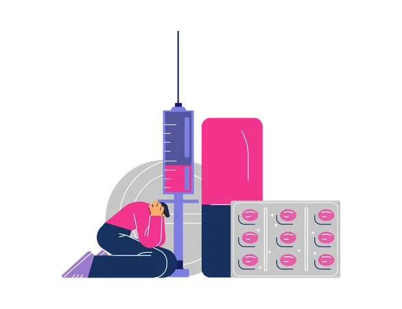 Frustrated man addicted to drugs and medication  Illustration