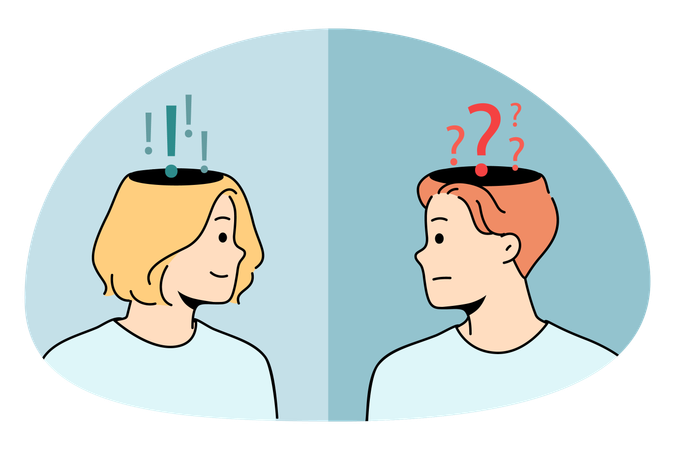Frustrated man asking with question mask on head looking at confident woman having answer feeling sure  Illustration