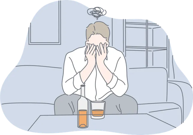 Frustrated man is drinking alcohol  Illustration