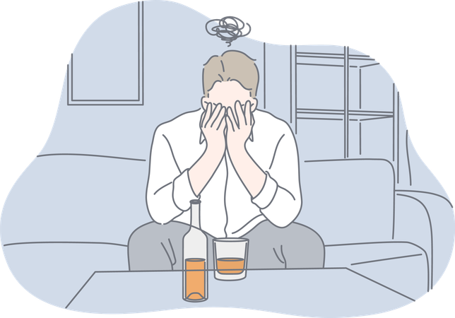 Frustrated man is drinking alcohol  Illustration