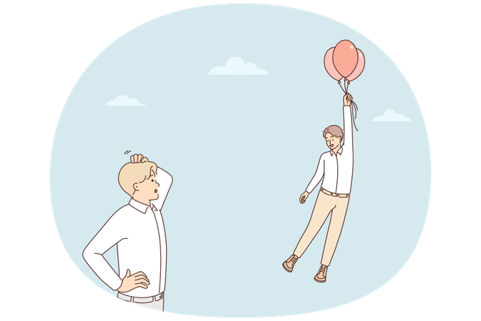 Frustrated man look at colleague flying on balloons  Illustration