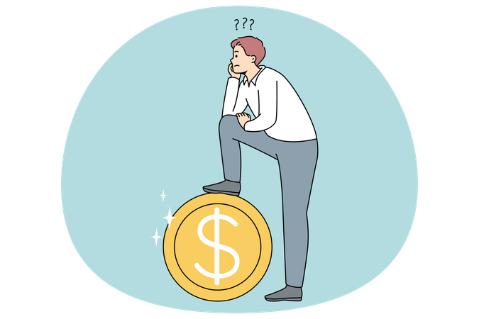 Frustrated man near huge coin thinking of financial problems  Illustration