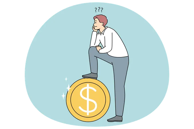Frustrated man near huge coin thinking of financial problems  Illustration