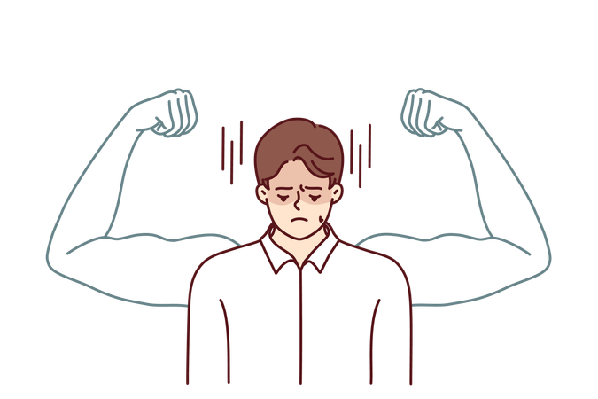 Frustrated man wants to get muscular arms  Illustration