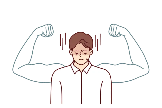 Frustrated Man Wants To Get Strong To Have Muscular Arms With Big Biceps And Needs Help Of Fitness Trainer Frustrated Businessman Cries Because Of Lack Of Determination And Skills For Career Success Illustration