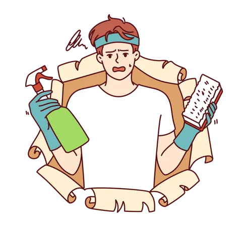 Frustrated man with cleaning brush and bottle filled with chemical detergent that removes stains  Illustration