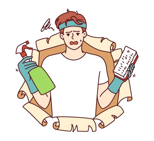 Frustrated man with cleaning brush and bottle filled with chemical detergent that removes stains  Illustration