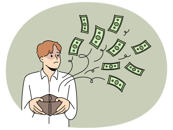 Frustrated man with money flow from wallet  Illustration