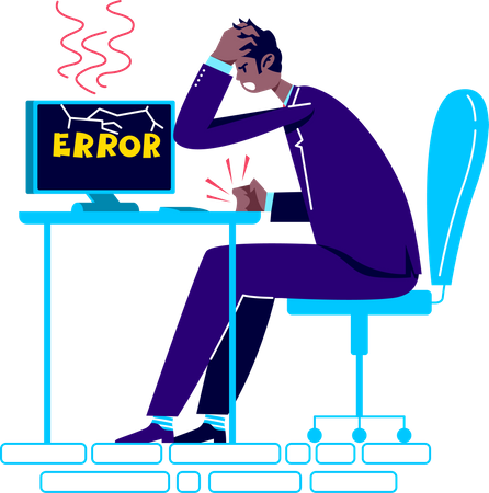 Frustrated office worker sitting at computer with error message on screen  Illustration