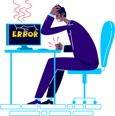 Frustrated office worker sitting at computer with error message on screen  Illustration