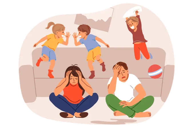 Frustrated parents feel tired and lacking energy due to hyperactive children jumping on sofa  Illustration