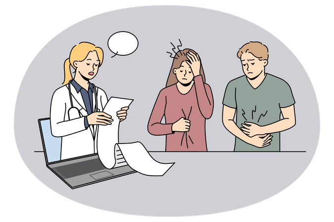 Frustrated patients confused with doctor long prescription recipe.  Illustration