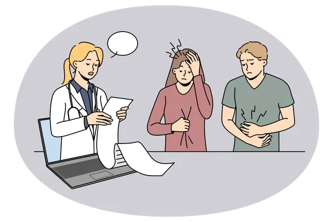 Frustrated patients confused with doctor long prescription recipe.  Illustration