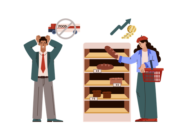 Frustrated people in supermarket cannot afford buying bread  イラスト