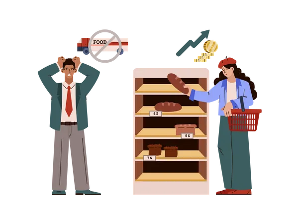 Frustrated People In Supermarket Cannot Afford Buying Bread Flat Vector Illustration Isolated On White Sad Man And Woman In Store With Empty Shopping Basket Food Shortage And Rising Prices イラスト
