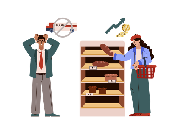 Frustrated people in supermarket cannot afford buying bread  Illustration